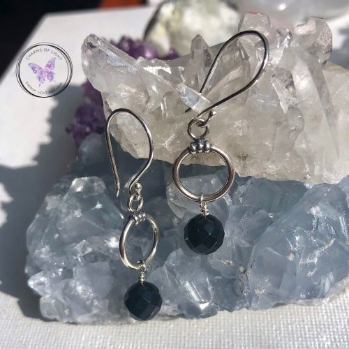 Black Onyx Silver Hoop Drop Earrings